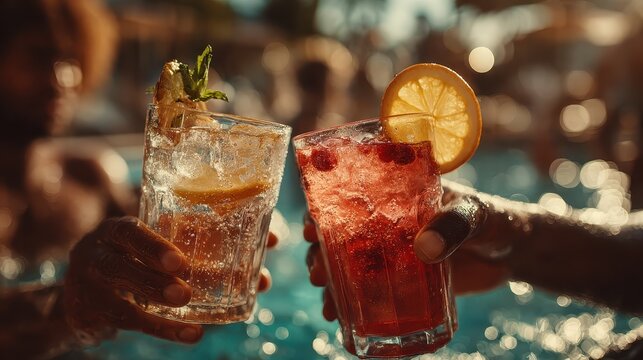 People toasting refreshing, fruity drinks with ice by the pool on a sunny day at a summer party, celebrating good times and vacations
