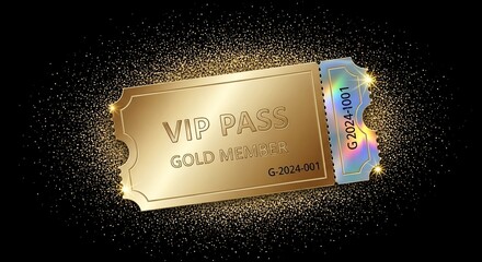 Elegant gold VIP pass for exclusive events with holographic details and member identification