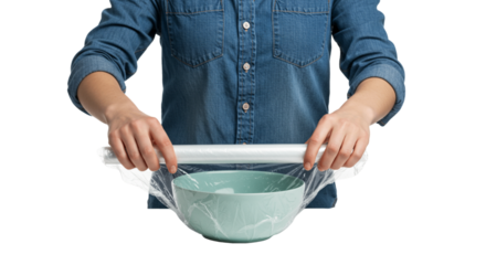 Food preservation concept: female hands covering bowl with transparent food wrap to keep food fresh. Studio photo on transparent background, PNG.