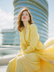 A street art style photograph of a young woman in a bright yellow dress standing against a backdrop of tall modern buildings in a vibrant and urban setting.