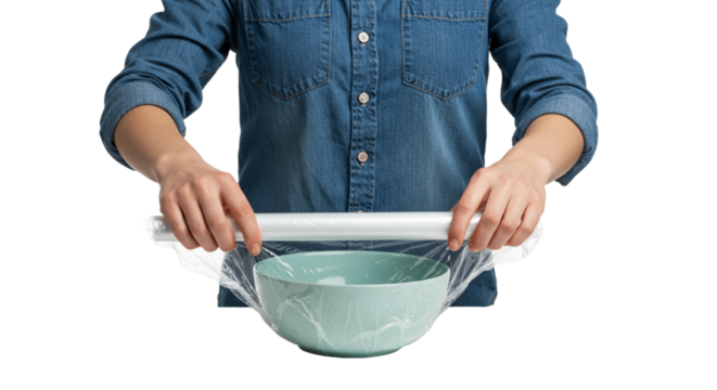 Food preservation concept: female hands covering bowl with transparent food wrap to keep food fresh. Studio photo on transparent background, PNG.