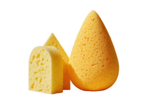 Two yellow sponges, one shaped like a teardrop, the other a triangular wedge,  in close proximity.  A studio shot, highlighting the porous texture