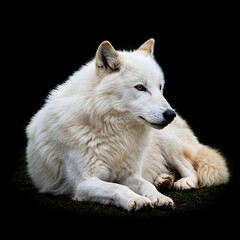 Obraz premium Tundra Wolf Full Body Lying Down Relaxed Pose Isolated on White Background | High-Quality Stock Image