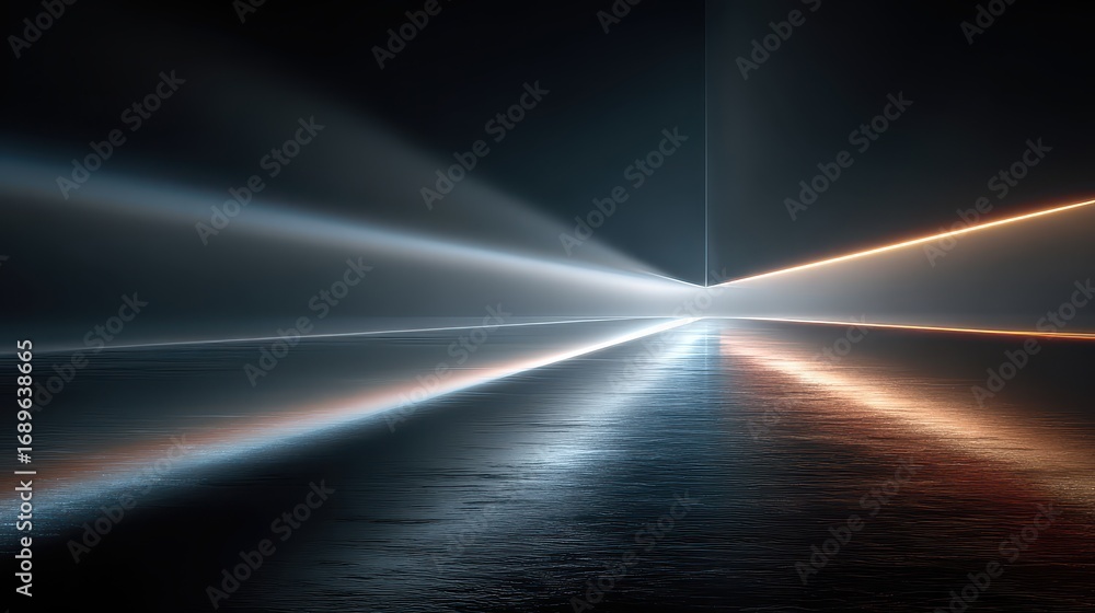 Poster glowing light streaks reflecting on a dark floor create an abstract design