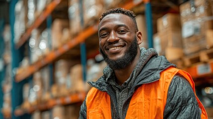Smiling warehouse worker with safety vest