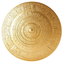 Ancient Golden Shield: A detailed close-up of a gold shield, featuring intricate carvings and concentric circles, symbolizing history, strength, and protection.