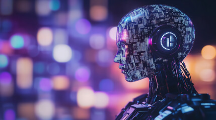 Cybernetic Head with Digital Circuitry Against a Bokeh Cityscape