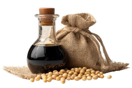 Soy sauce in a glass bottle, burlap sack, and soybeans