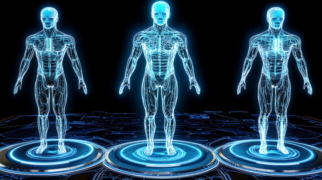Three-dimensional digital models of human anatomy displayed with glowing blue outlines