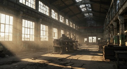 Eerie Industrial Interior with Abandoned Machinery and Sunlight Beams