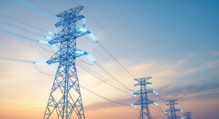 Modern electricity transmission towers with digital energy flow visualization against a sunset sky