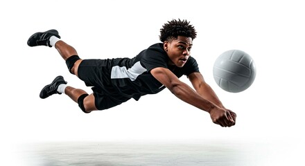 A male volleyball player dives towards a volleyball with his arms outstretched on a white background view