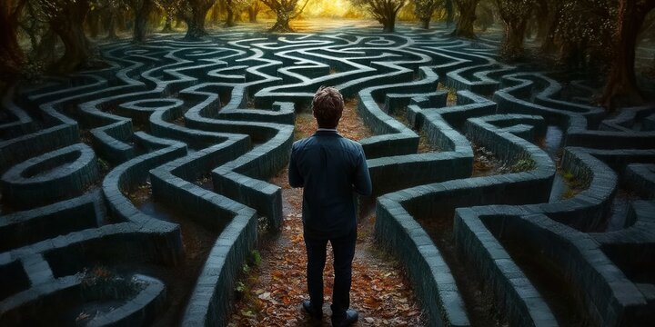 A man faces the challenge of a complicated maze in a mysterious forest setting.