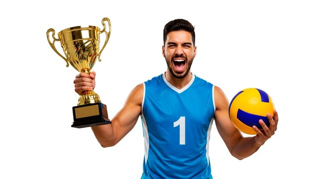 Man in blue jersey holding a gold trophy and a volleyball celebrating victory on a white background - Powered by Adobe