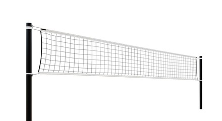Fototapeta premium A volleyball net with black poles and a white net is centered on a white background in a studio shot