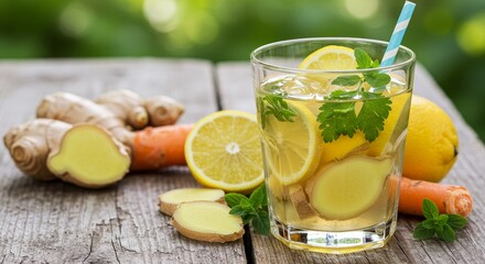 Fototapeta premium Refreshing Ginger Lemon Drink with Fresh Ingredients on Wooden Surface