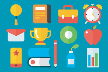 Set of twelve flat design icons representing various concepts