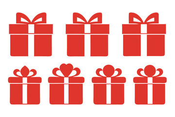 Twelve red gift box icons arranged in a row