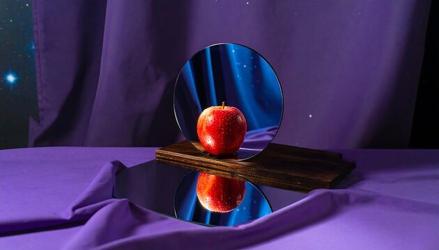 Red apple reflected in a round mirror on a purple backdrop - Powered by Adobe