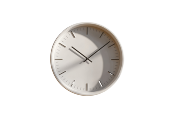 A simple, round, cream-colored wall clock.  Clock hands are dark.  Clean, minimalist design.  Shadows subtly indicate light source
