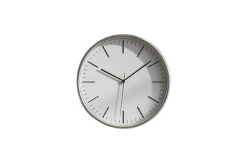 A close-up of a minimalist white wall clock.  Simple, clean design with subtle bronze accents.  Timeless and modern aesthetic