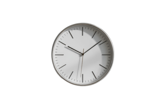 A close-up of a minimalist white wall clock.  Simple, clean design with subtle bronze accents.  Timeless and modern aesthetic