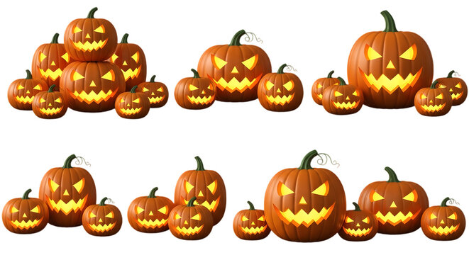 A collection of carved halloween pumpkins with glowing faces, isolated on transparent background