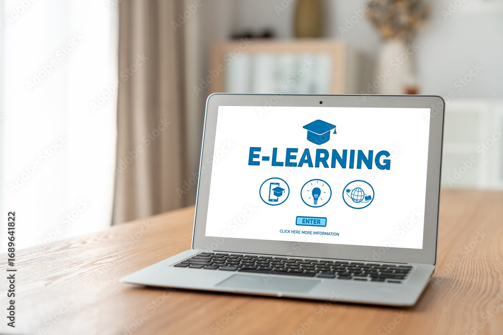 Poster e-learning website with modish sofware for student to study online on the internet network