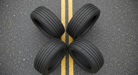 Four Black Tires Arranged In A Pattern On A Paved Road Surface