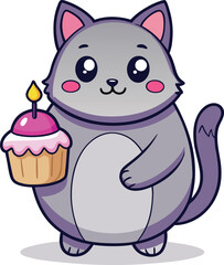 Adorable chubby cat joyfully holds a sweet cupcake with a lit candle