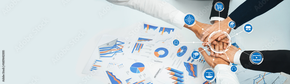 Poster a team collaborates over charts and graphs, symbolizing unity and collective effort in a modern corp