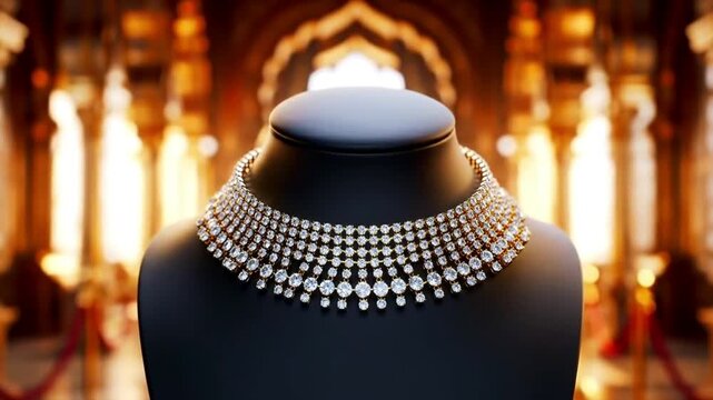 diamond choker necklace displayed on mannequin dummy bust,