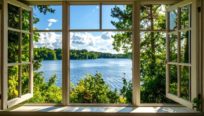 A window view of a lake and lush greenery on a sunny day. Open window panes frame the scene with blue water, green trees, and a partly cloudy sky, creating a serene atmosphere