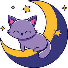 Peaceful sleeping cat rests on a starry crescent moon