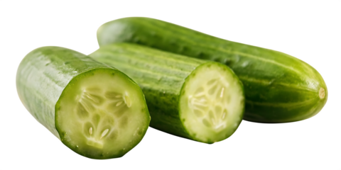 Fresh green cucumbers with sliced cross sections isolated on a transparent background