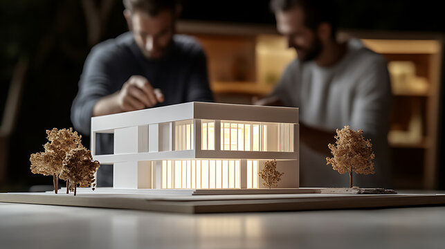 Architects examining a detailed building model with illuminated windows and miniature trees