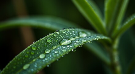 Water droplets on a green leaf, a close-up view of nature.