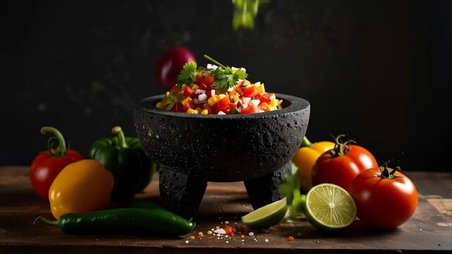 Fresh salsa in molcajete bowl