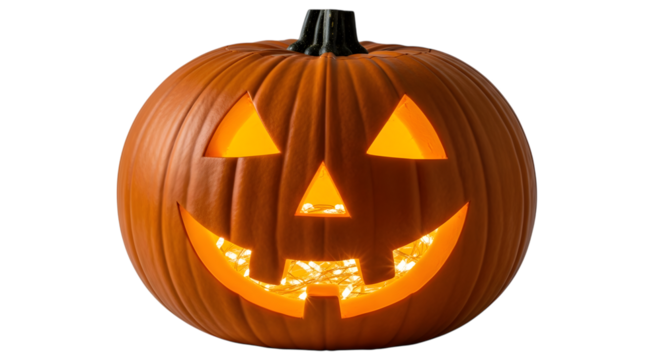 A traditional carved halloween pumpkin with a bright, illuminated face, isolated on a transparent background