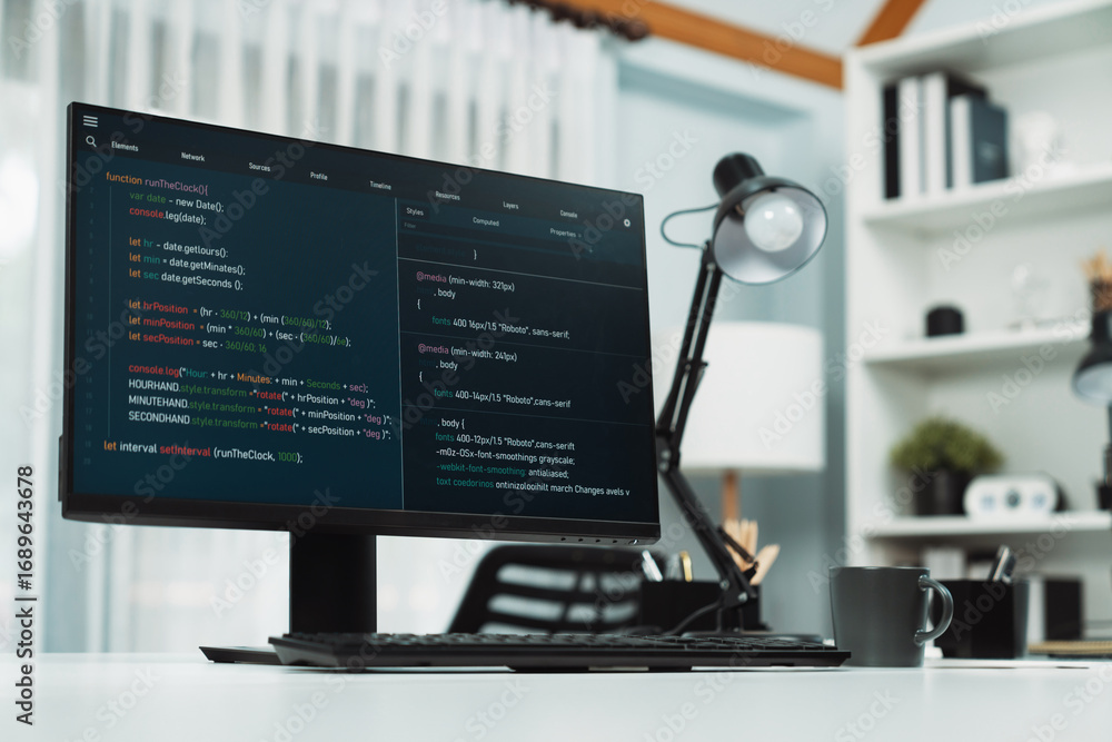Poster programming code on computer screen desktop placing on working desk showing intelligent website deve