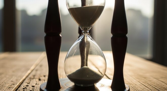 Hourglass with wooden stand, sand flowing, time passing, on rustic table, backlit by soft window light