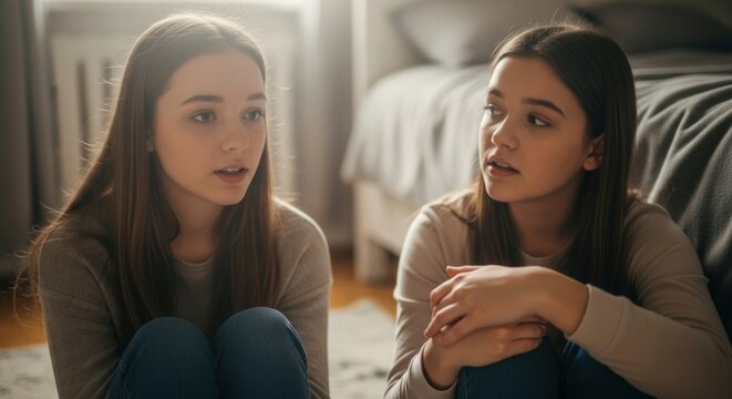Identical twin sisters in a serious conversation sitting on the floor in a bedroom