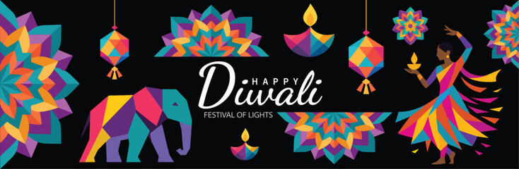 Happy Diwali Festival of Lights Banner – Colorful Abstract Geometric Design with Woman, Lanterns, Diyas, Elephant and Rangoli Pattern