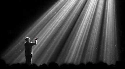 Symbolic abstraction of a performer reaching for light amidst dark surroundings in a creative expression of artistry