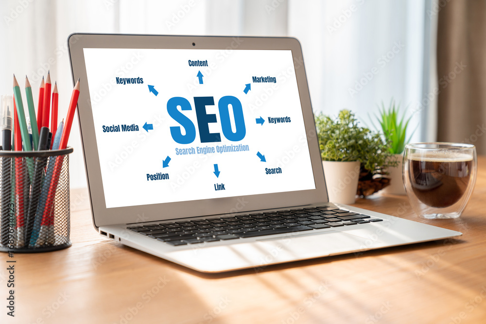 Poster seo search engine optimization for modish e-commerce and online retail business showing on computer 