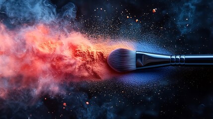 Makeup Brush Applying Vibrant Orange and Blue Powder Against Dark Background cosmetic beauty
