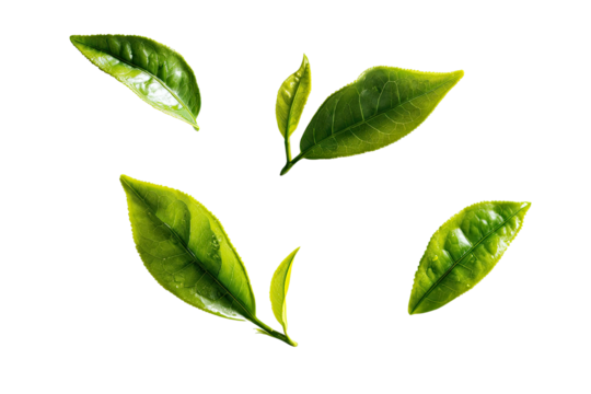 Fresh green tea leaves, slightly out of focus, against a solid black background.  The leaves are bright, vibrant green, with slightly serrated edges.  Sharp focus on the leaves