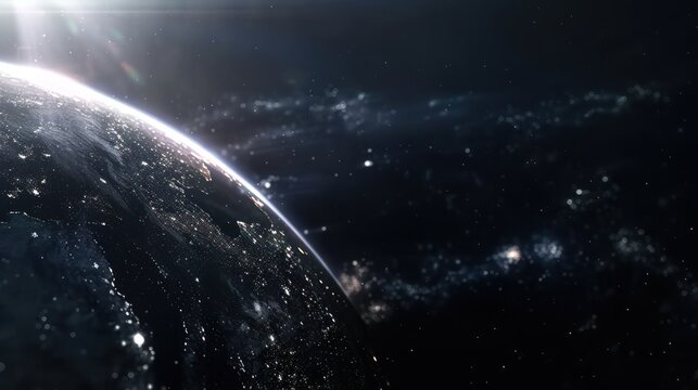 Dramatic view of planet earth from space with stars and sunlight