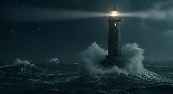 Lighthouse Shining Over Stormy Ocean - Powered by Adobe
