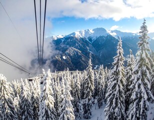 Snowy mountain vista from a cable car